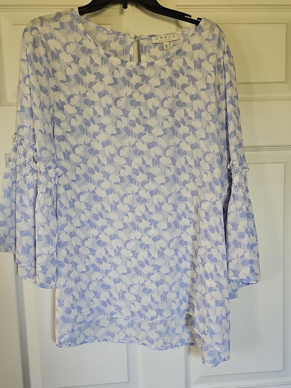 Chaus Women's Light Blue and White Floral Smocked Bell Sleeve Blouse
